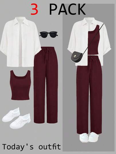 SHEIN LUNE 3 قطع بدلة مايار أسود وأبيض للنساء، بلوزة جديدة لعام 2024 مخصصة للوقاية من الشمس، بنطلون واسع الساق مناسب للخريف، ملابس مناسبة للمطار والأنشطة اليومية