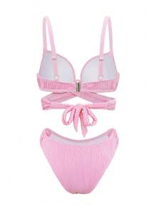 Swim DD+ 2pcs/Set Women Sexy Solid Color Textured Supportive Underwire Criss-Cross Strappy Open Back Festival Boho Bikini Set, Summer Beach Vacation - Pink - View 4
