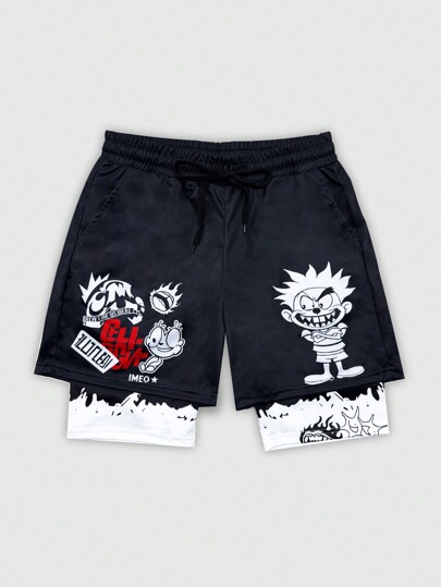 Anime قطعة واحدة شورت بطبعات كرتونية وأحرف كاجوال في الخصر للرجال ، سترخٍ وملائم لكرة السلة