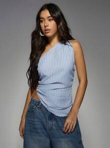 MISSGUIDED 条纹单肩不对称背心夏季时尚无袖休闲派对俱乐部晚会罗纹修身短款上衣 - 藍色 - 查看 1