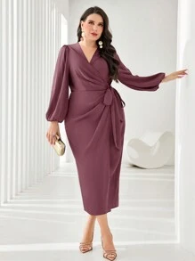 SHEIN PETITE CURVE Vestido de mujer talla grande de manga farol elegante con nudo lateral y envolvente