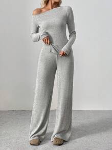 Flirla Tall 女士舒适毛绒不对称肩部 T 恤和阔腿裤 2 件套，适合休闲冬季穿着 - 灰色 - 查看 6