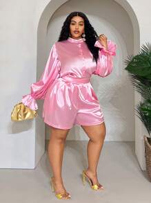 Slaydiva Conjunto informal de 2 piezas de top de manga larga con cuello alto y shorts de unicolor en talla grande