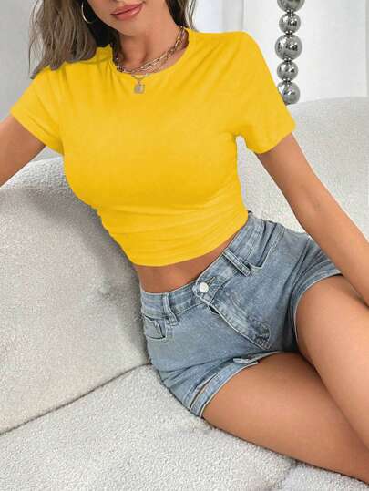 Sirith 女士纯色圆领短袖休闲上衣，日常穿着