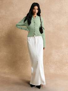 Poéselle 短款修身前扣纯色长袖简约休闲针织开衫、毛衣、短款女式毛衣、女式毛衣、针织毛衣、冬季女装、秋季女装 - 薄荷綠 - 查看 6