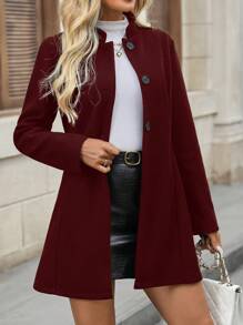 INAWLY 女士羊毛混纺大衣，秋冬季简约纯色休闲外套，女士冬季大衣，夹克 - 酒紅色 - 查看 5