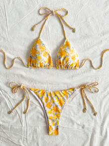 Soleia 2pcs Women's Colorful Floral Graphic Shirred Bikini Set,Swim Suits For Women,Vacation Outfit Women,Summer Outfits For Women,Beach Outfits For Women