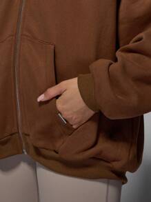 MISSGUIDED 超大全拉链连帽衫运动健身家居服休闲运动衫冬季秋季舒适羊毛连帽袋鼠口袋经典款 - 棕色 - 查看 4