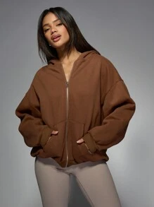 MISSGUIDED 超大全拉链连帽衫运动健身家居服休闲运动衫冬季秋季舒适羊毛连帽袋鼠口袋经典款 - 棕色 - 查看 6