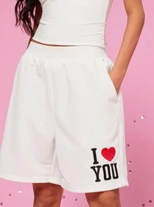Manfinity VCAY Unisex Casual Knit Shorts With "I Love You" Letter And Heart Embroidery, Elastic Waist Straight Leg - White - View 3