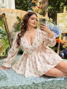 Flirla Plus Size Deep Shirred Printed Textured Fabric Open Back Elastic Cuffs Long Sleeve One-Piece Jumpsuit Fall Cloth For Women - Multicolor - View 1