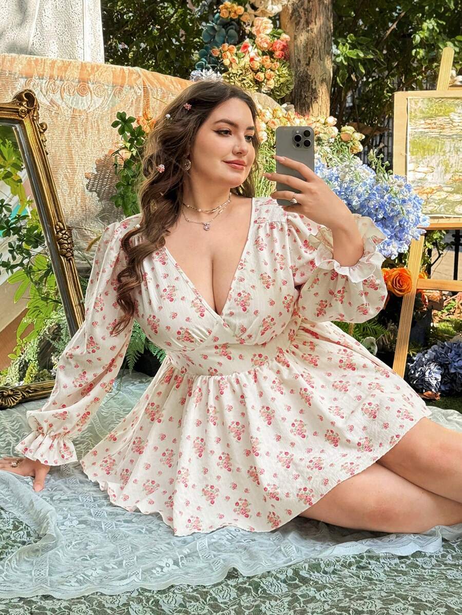 Flirla Plus Size Deep Shirred Printed Textured Fabric Open Back Elastic Cuffs Long Sleeve One-Piece Jumpsuit Fall Cloth For Women - Multicolor - View 1