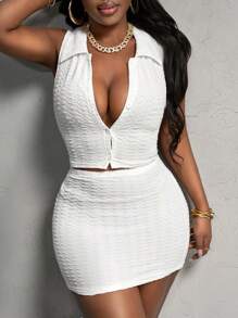 Slaydiva Conjunto de 2 piezas de talla grande para mujer de top corto de punto sin mangas y apertura delantera, y falda mini sólida blanca, estilo elegante y casual, tejido texturizado para primavera/verano