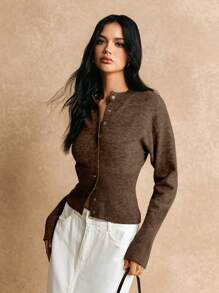 Poéselle كارديجان قصير رفيع الأكمام الطويلة بأزرار أمامية لون سادة بسيط كاجوال مصنوع من الصوف، كنزة صوفية نسائية، سترات نسائية شتوية، ملابس نسائية للخريف - قهوة بني - مشاهدة 2