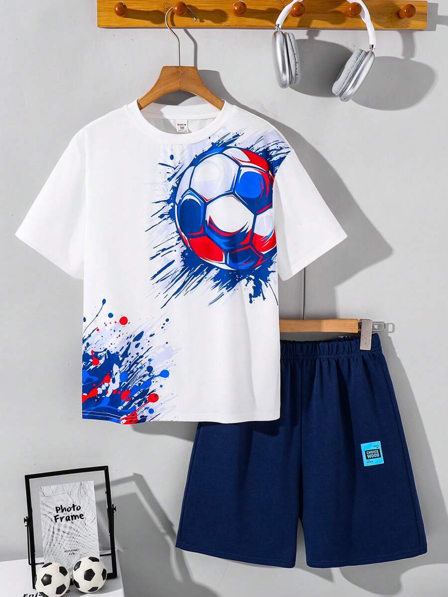 SHEIN Tween Boy Soccer Graphic Short Sleeve T-Shirt & Shorts Set - White - View 1