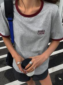 DAZY Áo thun tay ngắn cổ tròn in chữ Colorblock Splice 2 trong 1 dành cho nữ - Xám - Xem 3