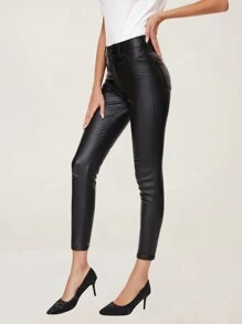MYOURSA Solid Faux Leather Leggings For Women, Clubwear Skinny PU Coated Stretch Pants