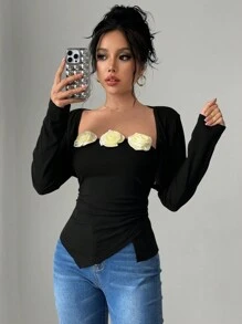 SHEIN Unity 女士浪漫优雅 3D 花卉针织修身上衣，适合春夏季 - 黑色 - 查看 1