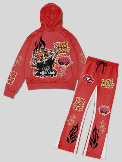 Street Life 2 pièces Ensemble de sweat-shirt à capuche et pantalon de survêtement avec imprimé squelette pour hommes, Halloween