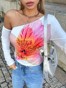 Chiquease 1pc Women's Floral Print Oblique Shoulder Long Sleeve T-Shirt, Minimalist & Fashionable For Casual Daily Wear - White - View 1