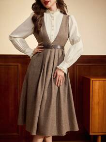 Vintamour Vintage Elegant Women's Dress, Autumn/Winter Fitted Lace Trim Stand Collar Ruffle Hem 2 In 1 Colorblock Long Sleeve A-Line Dress Valentines Birthday Dresses For Women Dresses For Women Elegant Birthday Outfits For Women Business Casual Woman Old Money Style Women Teacher Clothes Modest Dresses For Women Tea Party Outfit Spring Date Night Dress Women