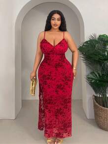 Slaydiva 大码女式细肩带开衩下摆简约休闲性感连衣裙 - 紅色 - 查看 4