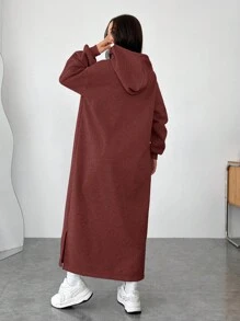 SHEIN EZwear Vestido casual con capucha y bolsillos para mujer talla grande, vestido sudadera de manga larga con corte holgado y detalle de abertura, apropiado para uso diario, otoño/invierno