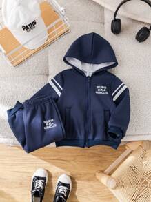 SHEIN Bộ 2 món/Bộ quần áo nỉ dày họa tiết chữ màu xanh navy có dây rút có mũ trùm đầu cho bé trai/bé gái và quần dài thể thao, phong cách thường ngày của trường đại học, thích hợp mặc ở nhà, đi chơi và giữ ấm trong thời tiết lạnh - Màu xanh hải quân - Xem 7