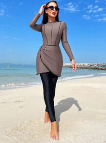 Swim Mulvari Summer Beach Women's Long Sleeve Stand Collar One Piece Swimsuit - Dusty Pink - View 4