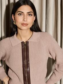 AiiRZ Luxury Cropped Zip-Front Cardigan With Leather Panel Detail Ribbed Knit Fall Winter Sweater Jacket Designer Studio Collection Athletic Chic Outerwear - Multicolor - View 4