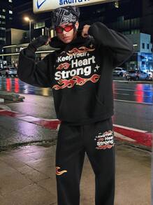 Manfinity VCAY Men's Letter Print Loose Knit Long Sleeve Hoodie Set, For Fall Winter - Black - View 4