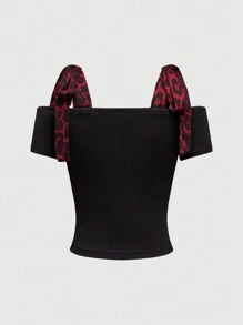 ROMWE Goth Y2K Millennium Red Leopard Print Tie-Up Patchwork Skull Rose Rhinestone T-Shirt - Black - View 2