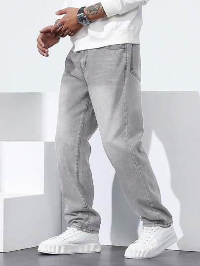 Manfinity Homme Men's Straight Loose Fit Casual Jeans With Pockets, Versatile