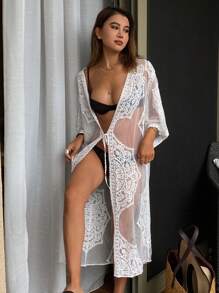 DAZY Damen Bluse mit Spitzenkante, locker geschnitten mit Bindegürtel, lässiger Sommer Strand Urlaub Langarm Top - Weiss - Übersicht 6
