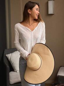 DAZY Women Solid Color Thin Long Sleeve V-Neck See-Through Casual Cardigan Blouse, Summer,Fall Clothes