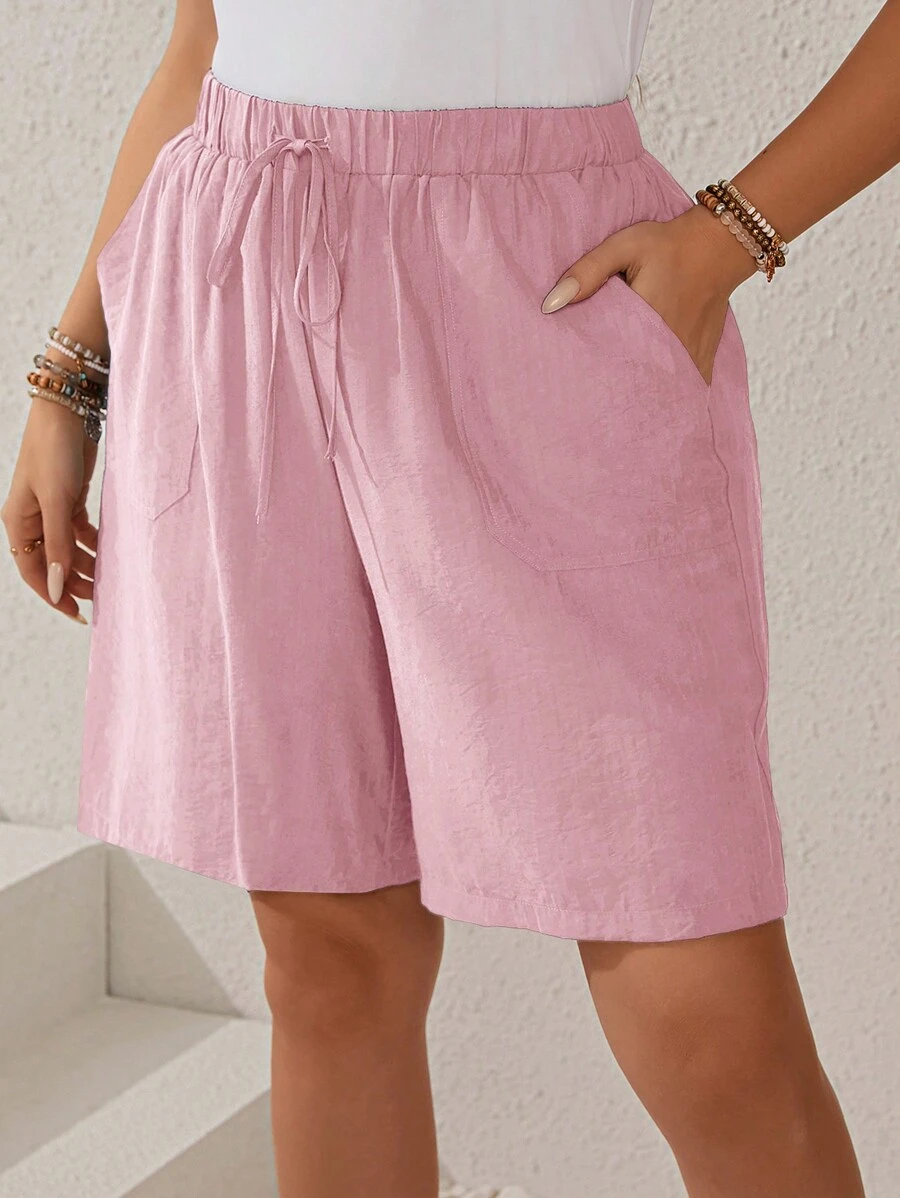 EMERY ROSE Plus Size Women's Texture Striped Elastic Waist Drawstring Pocketed Straight Dark Blue Shorts For Summer