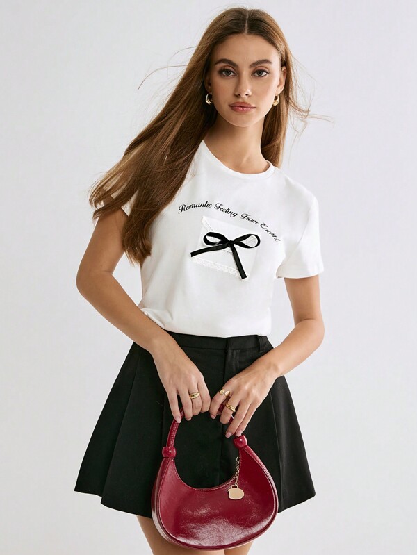 Enchnt Winter/Spring Romantic Women's White Bowknot Lace Love Letter Round Neck Short Sleeve Cute T-Shirt,Sweet For Valentine's Day&Christmas Party&New Years&Birthday&Holiday&School Outfit &Sweet Date&Daily Commuting