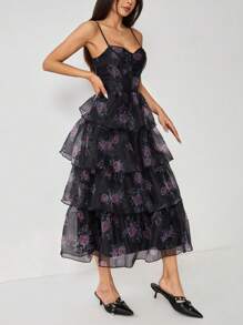SHEIN PETITE Vestido negro estampado retro con cuello de encaje y diseño multicapa tipo pastel - Negro - Ver 5