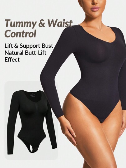Shapelle Forme Damen einfarbiger V-Ausschnitt Langarm schmale passform Lässig Jumpsuit Shapewear