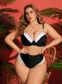 SHEIN Swim Curve Summer 2pcs Plus Size Splice Bustier Bikini Set With Underwire, Casual Beachwear For Vacation, Daily Wear - Black and White - View 4