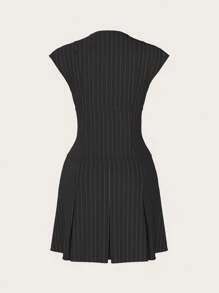 SHEIN ICON Váy ngắn giản dị tối giản cổ chữ V họa tiết sọc cho nữ, mặc hàng ngày - màu đen - Xem 6