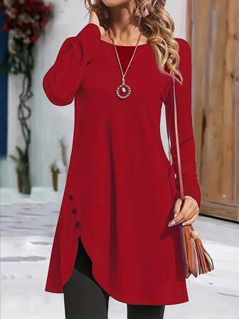 Asymmetric Hem Dress Women Casual Crew Neck Long Sleeve Spring Fall Outfits