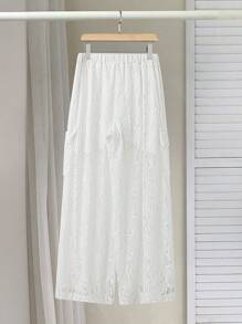 Flirla 新款蕾丝面料设计抽绳腰部宽松宽口袋女式工装裤，垂坠透明面纱 - 白色 - 查看 2