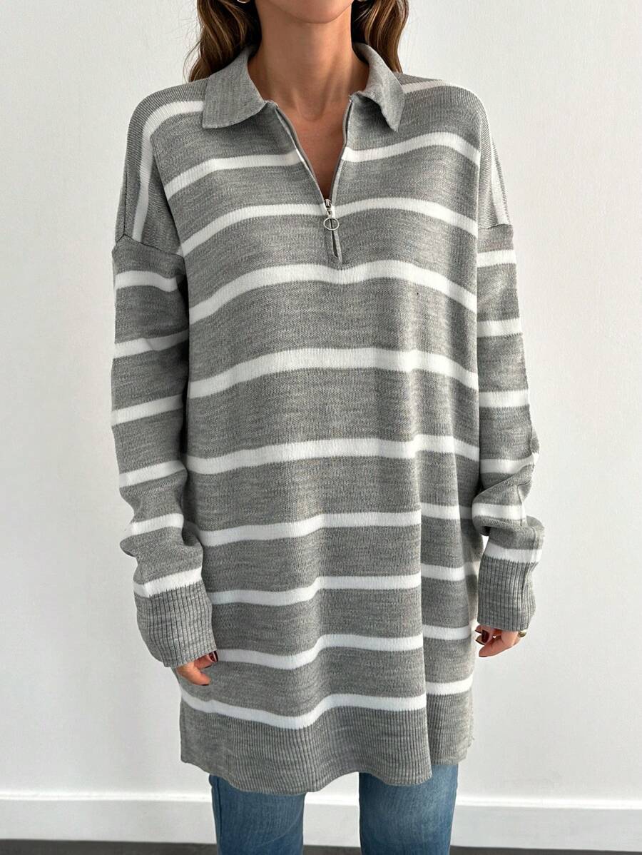 RueChic Áo len sọc dài tay có khóa kéo cho nữ, thời trang tối giản, mặc thường ngày - Xám - Xem 1