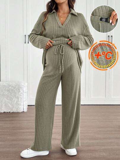 SHEIN 2pcs/Set Loose Maternity Shirt With Epaulet Sleeves And Adjustable Waistline Straight Pants Set, Autumn