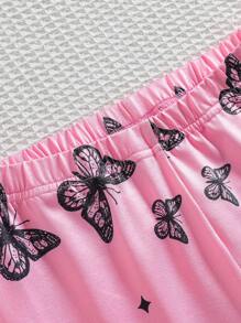 2 Peças Conjunto de Homewear Confortável com Estampa de Rosto Sorridente para Meninas Pré-Adolescentes - Top de Manga Curta e Calça - Multicolorido - Visão 3