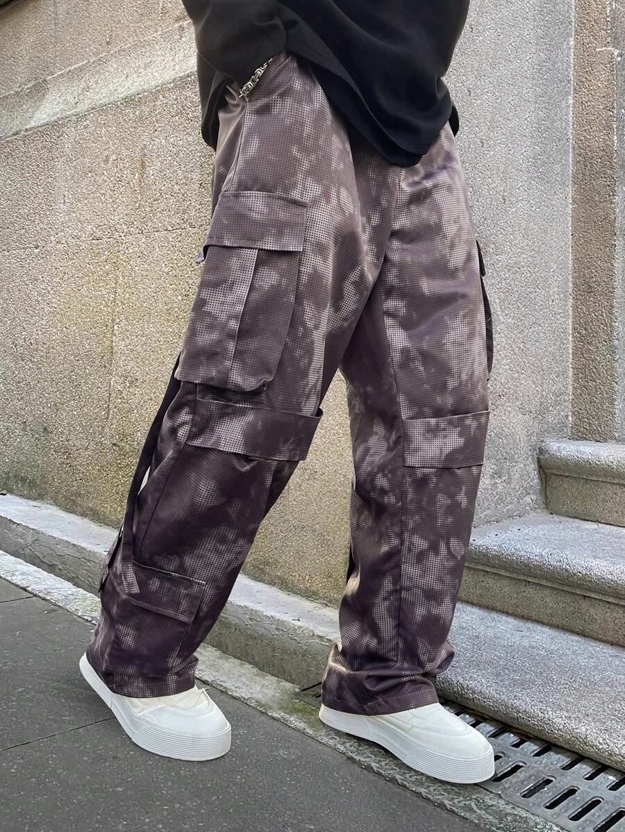 Manfinity Roghcode Fashionable Casual Wide Leg Cargo Pants, American Street Style - Purple - View 1