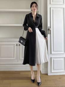 DAZY Contrast Color Pleated Panel Midi Dress For Women Shirt Dress,Fall Dress Long Sleeve Dress - Black - View 6