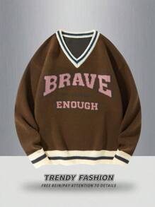 Manfinity EZcore 男士学院风字母图案 V 领长袖休闲针织棕色毛衣，秋冬款 - 棕色 - 查看 1