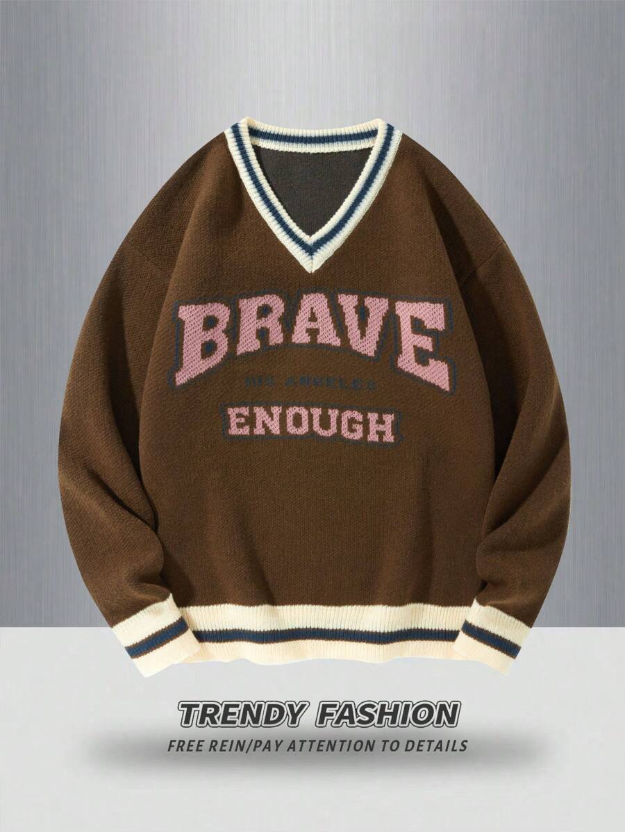 Manfinity EZcore 男士学院风字母图案 V 领长袖休闲针织棕色毛衣，秋冬款 - 棕色 - 查看 1